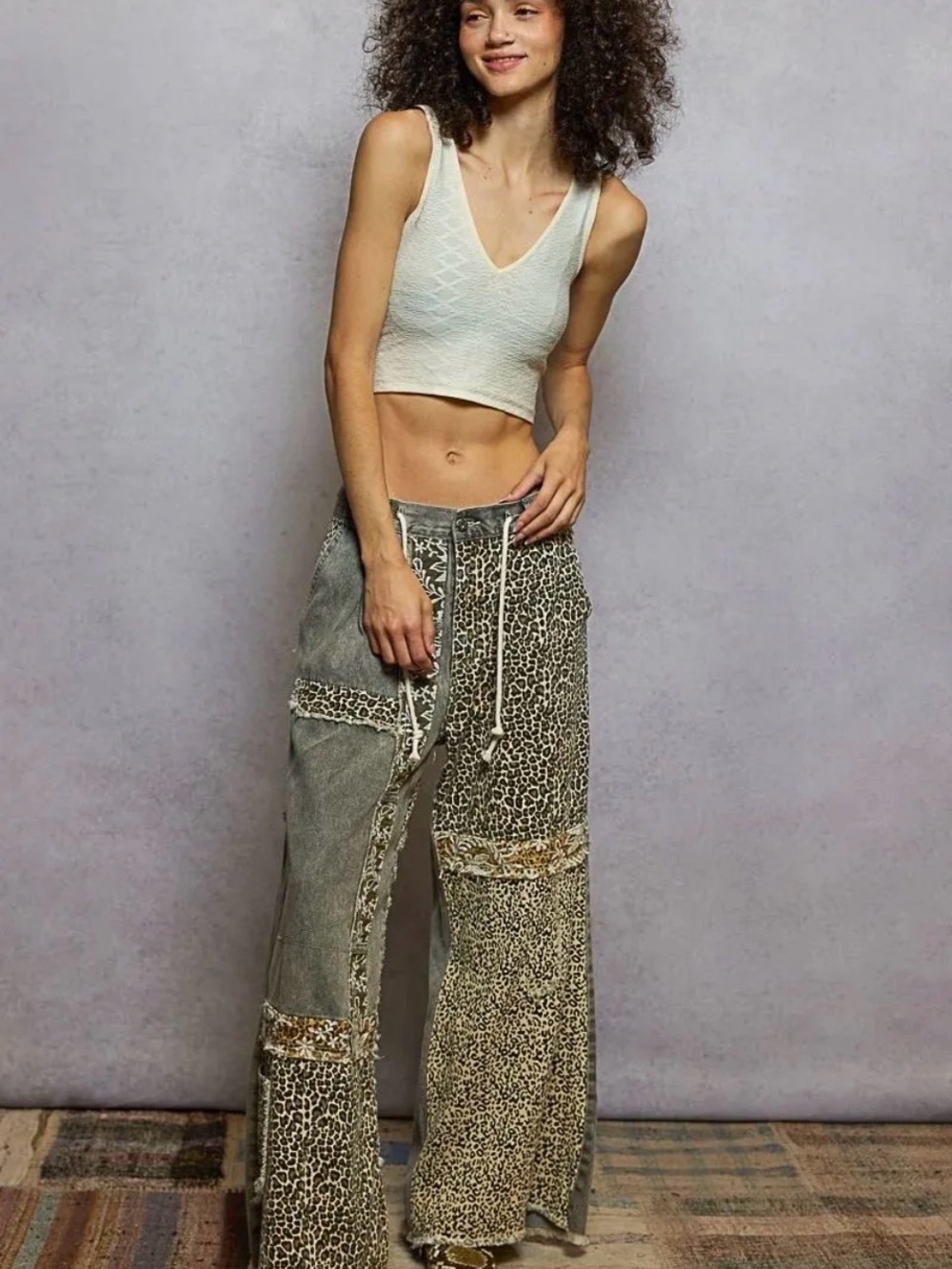POL Leopard Patchwork Wide-Leg Pants - Olive & Tan - Picture 4 of 4